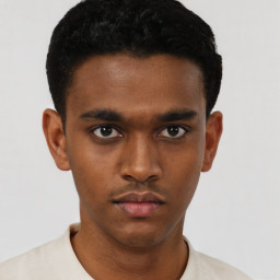 Neutral black young-adult male with short  black hair and brown eyes