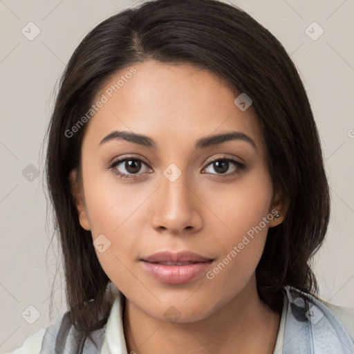 Neutral latino young-adult female with medium  brown hair and brown eyes