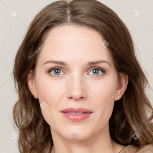 Neutral white young-adult female with medium  brown hair and grey eyes