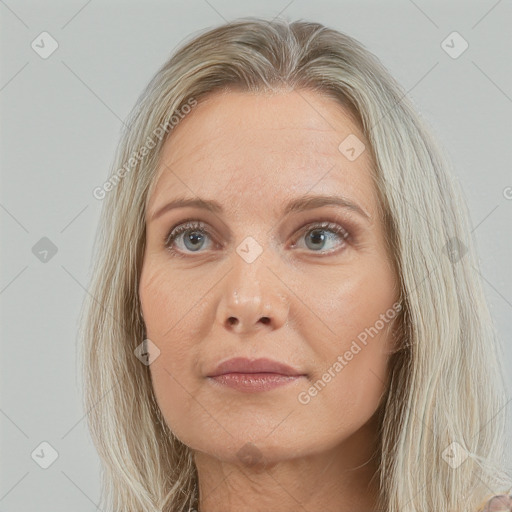 Neutral white adult female with long  brown hair and grey eyes