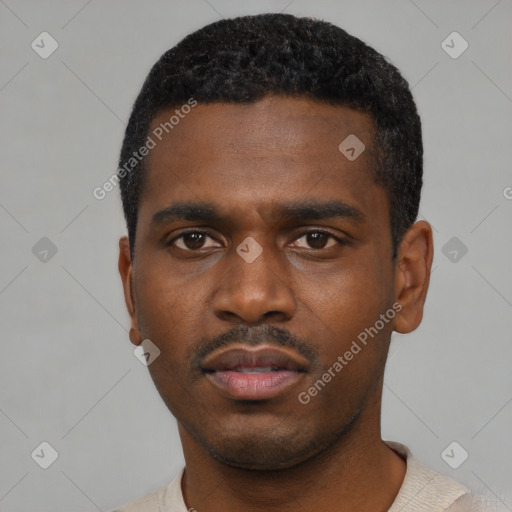 Neutral black young-adult male with short  black hair and brown eyes