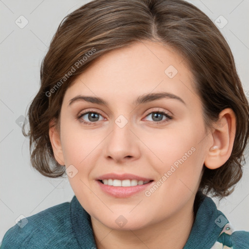 Joyful white young-adult female with medium  brown hair and blue eyes