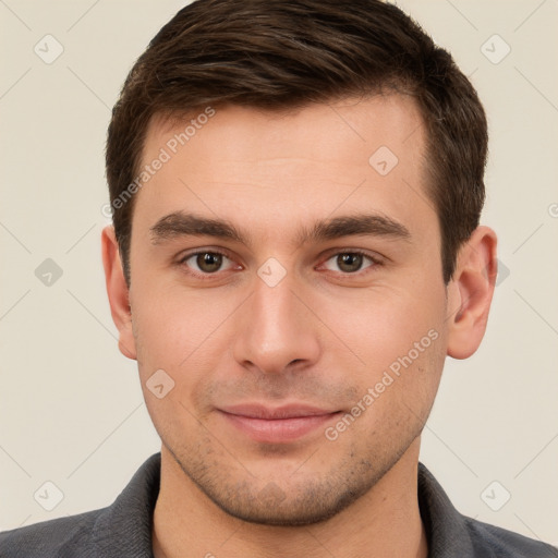 Neutral white young-adult male with short  brown hair and brown eyes