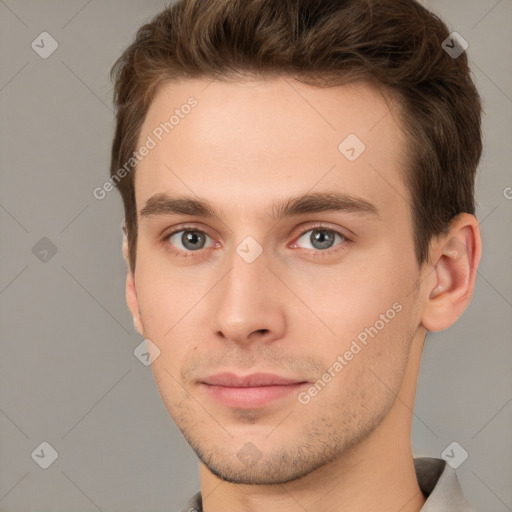 Neutral white young-adult male with short  brown hair and brown eyes