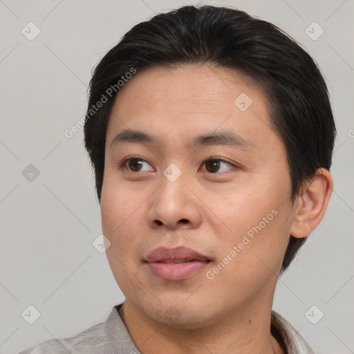 Neutral asian young-adult male with short  brown hair and brown eyes