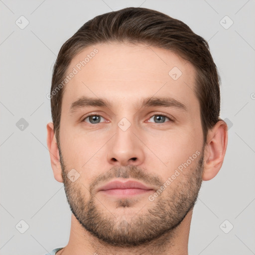 Neutral white young-adult male with short  brown hair and brown eyes