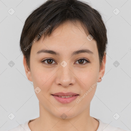 Joyful asian young-adult female with short  brown hair and brown eyes