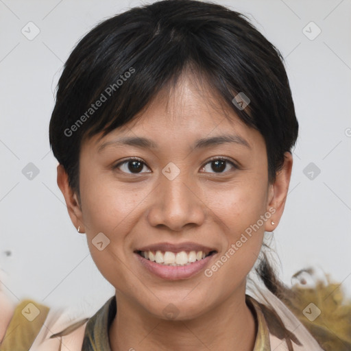 Joyful asian young-adult female with short  brown hair and brown eyes