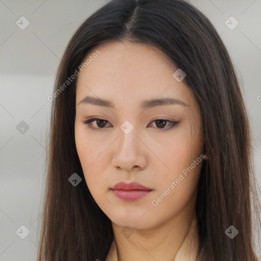 Neutral asian young-adult female with long  brown hair and brown eyes