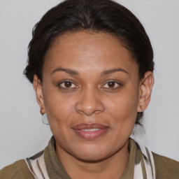 Joyful white adult female with medium  brown hair and brown eyes