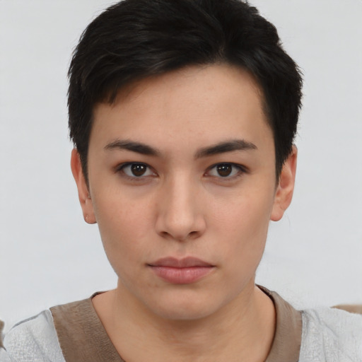 Neutral asian young-adult female with short  black hair and brown eyes