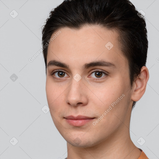 Neutral white young-adult male with short  brown hair and brown eyes