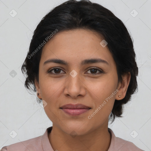 Joyful latino young-adult female with medium  brown hair and brown eyes