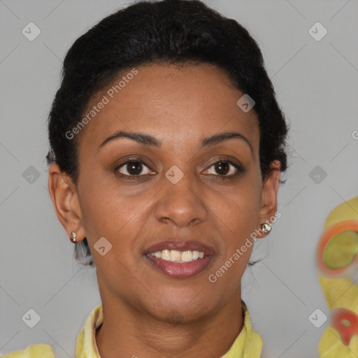 Joyful latino young-adult female with short  brown hair and brown eyes