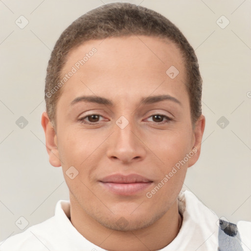 Joyful white young-adult female with short  brown hair and brown eyes