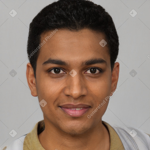 Joyful black young-adult male with short  brown hair and brown eyes