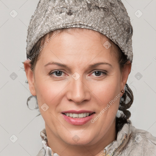 Joyful white adult female with short  brown hair and brown eyes