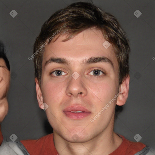 Neutral white young-adult male with short  brown hair and brown eyes