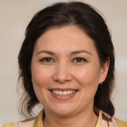 Joyful white adult female with medium  brown hair and brown eyes