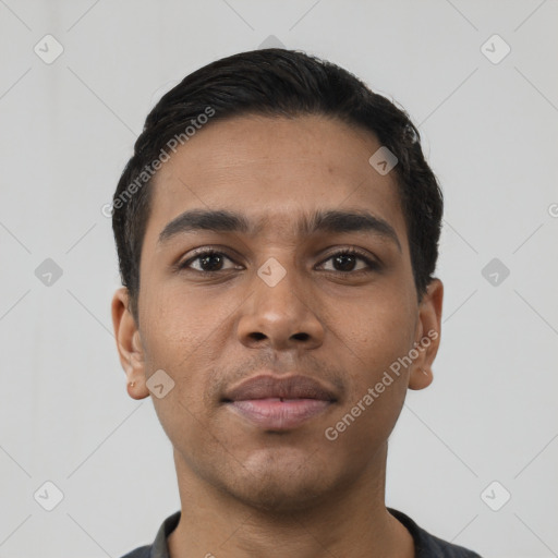 Neutral latino young-adult male with short  black hair and brown eyes
