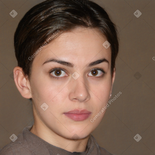 Neutral white young-adult female with short  brown hair and brown eyes