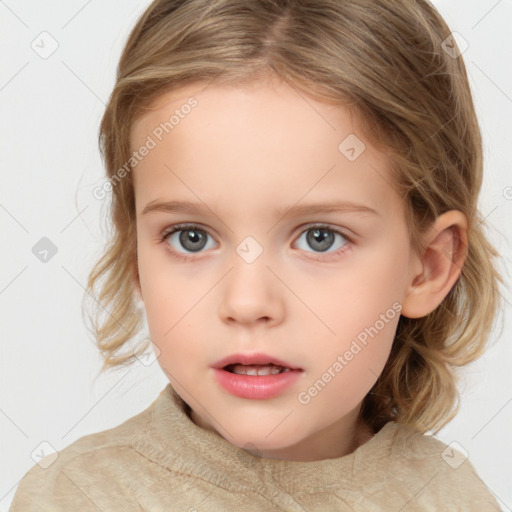 Neutral white child female with medium  brown hair and blue eyes