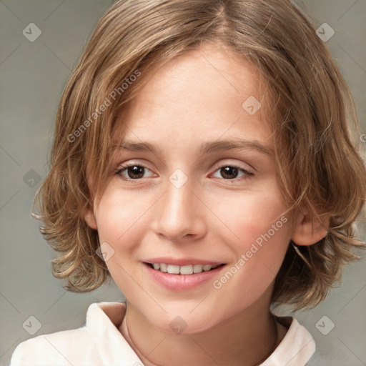 Joyful white child female with medium  brown hair and brown eyes