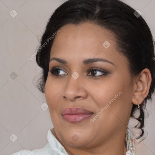 Joyful black young-adult female with medium  brown hair and brown eyes