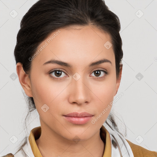 Neutral white young-adult female with medium  brown hair and brown eyes