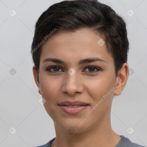 Joyful white young-adult female with short  brown hair and brown eyes