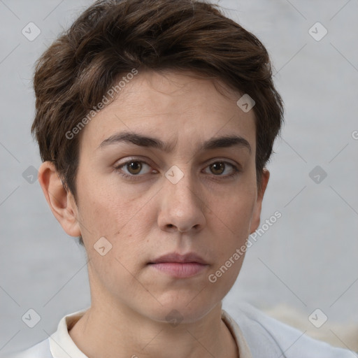 Neutral white young-adult female with short  brown hair and grey eyes