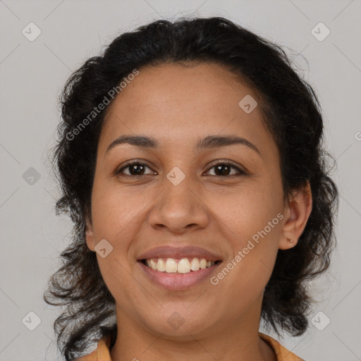 Joyful latino young-adult female with medium  brown hair and brown eyes