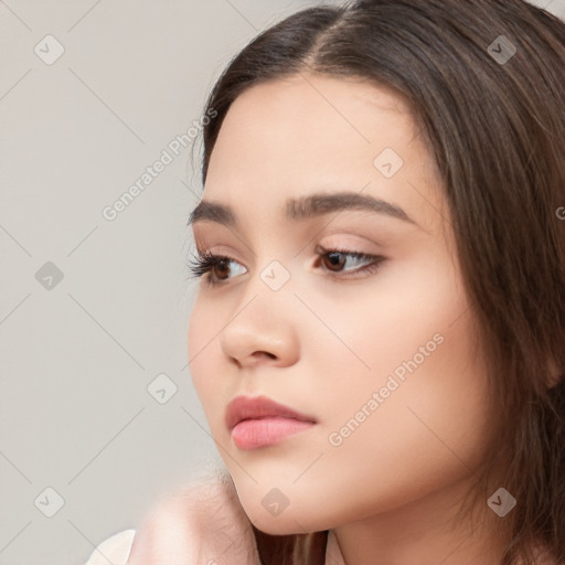 Neutral white young-adult female with medium  brown hair and brown eyes