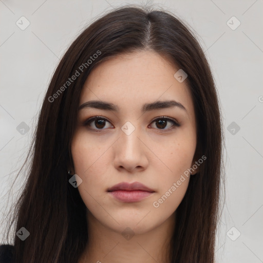 Neutral white young-adult female with long  brown hair and brown eyes