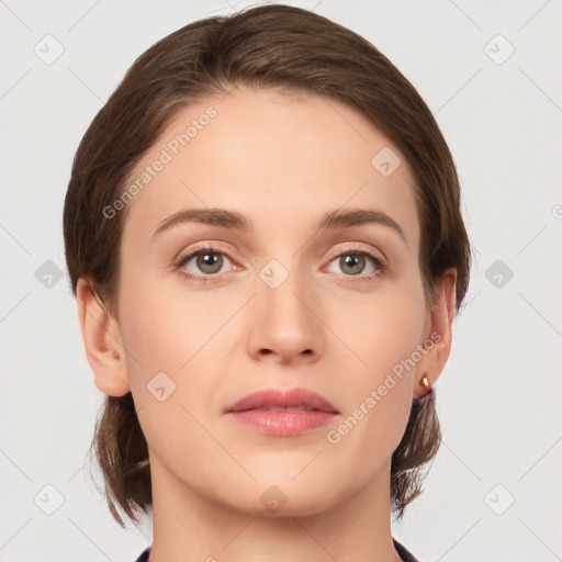 Neutral white young-adult female with medium  brown hair and brown eyes