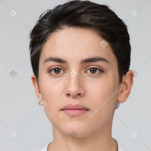 Neutral white young-adult female with short  brown hair and brown eyes