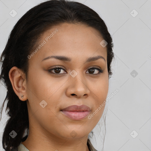 Joyful black young-adult female with long  brown hair and brown eyes