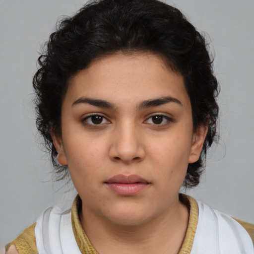 Neutral latino young-adult female with short  brown hair and brown eyes