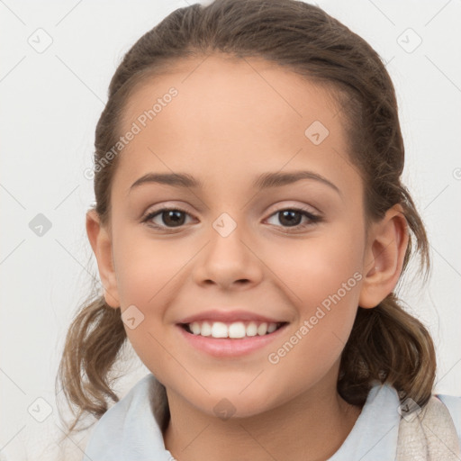 Joyful white child female with medium  brown hair and brown eyes