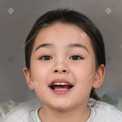 Joyful white child female with short  brown hair and brown eyes