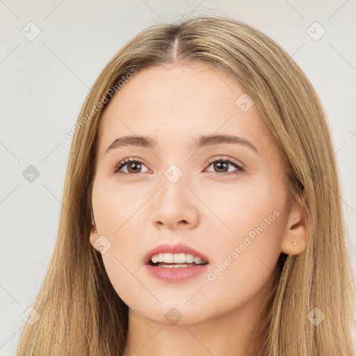 Neutral white young-adult female with long  brown hair and brown eyes