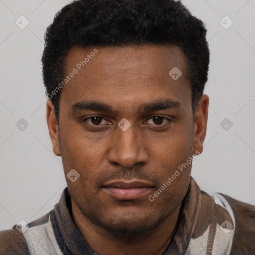 Neutral latino young-adult male with short  black hair and brown eyes