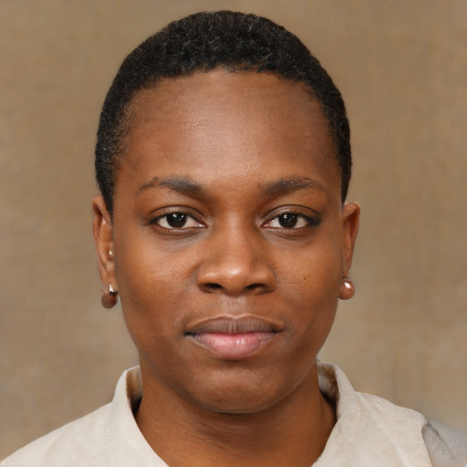 Neutral black young-adult female with short  black hair and brown eyes