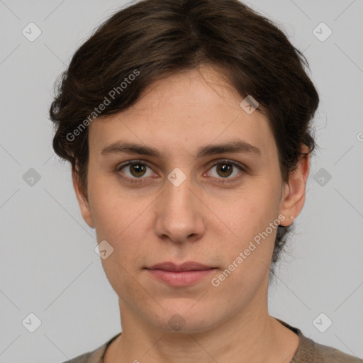 Neutral white young-adult female with short  brown hair and brown eyes