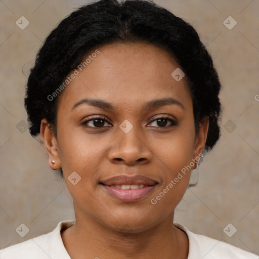 Joyful latino young-adult female with short  black hair and brown eyes