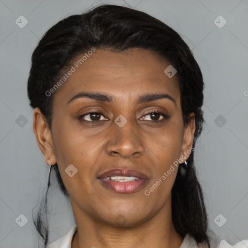Joyful black young-adult female with medium  brown hair and brown eyes