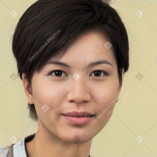 Joyful asian young-adult female with medium  black hair and brown eyes