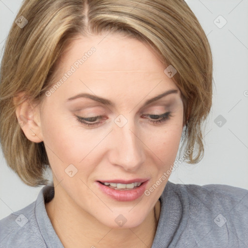 Joyful white young-adult female with medium  brown hair and blue eyes