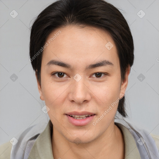 Joyful white young-adult female with medium  brown hair and brown eyes