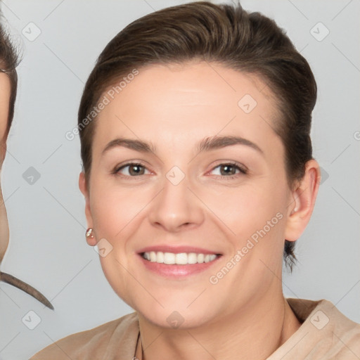 Joyful white young-adult female with short  brown hair and brown eyes